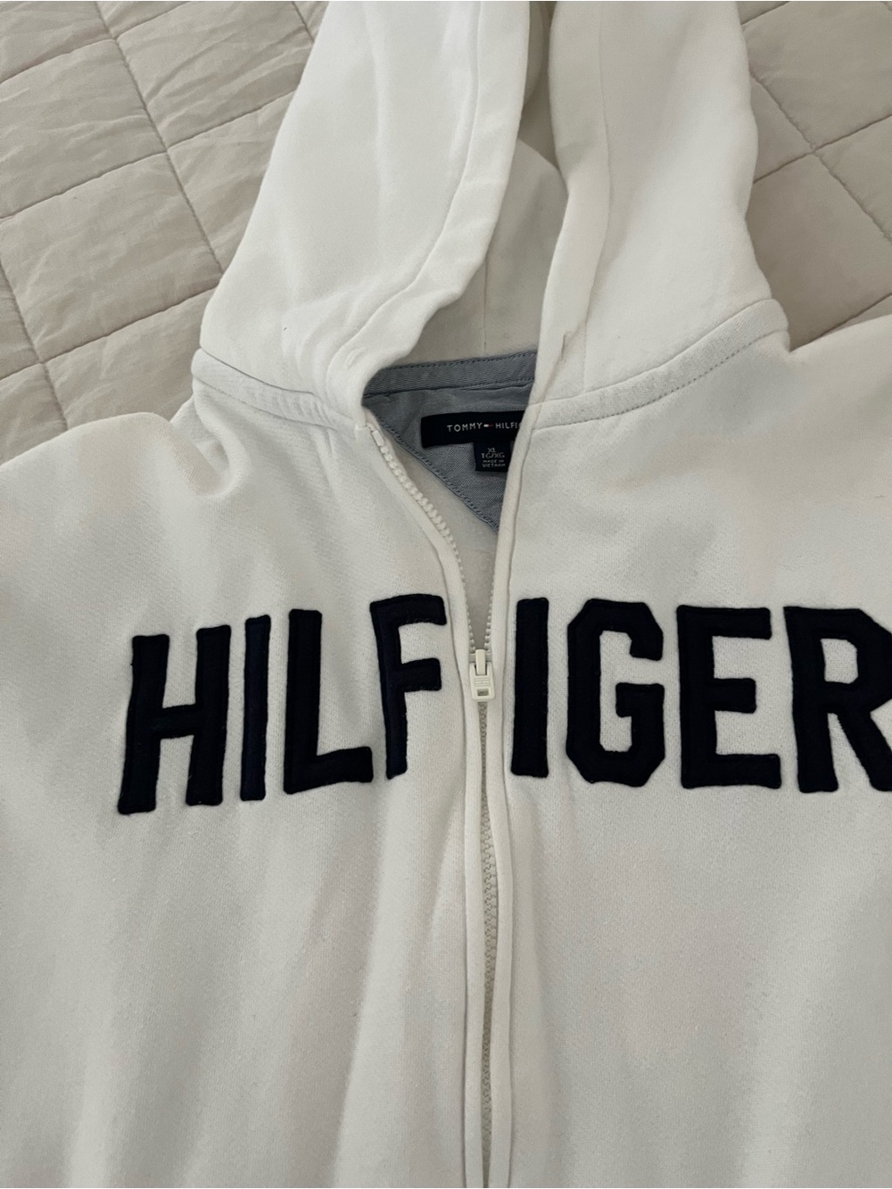 Tommy Hilfiger White Hooded Zip Sweatshirt with Navy Logo Tab